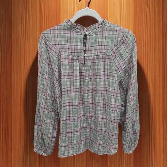 Ann Taylor Loft Ruffled Neck Plaid Long Sleeve Top in Sage & Lilac - Picture 2 of 3